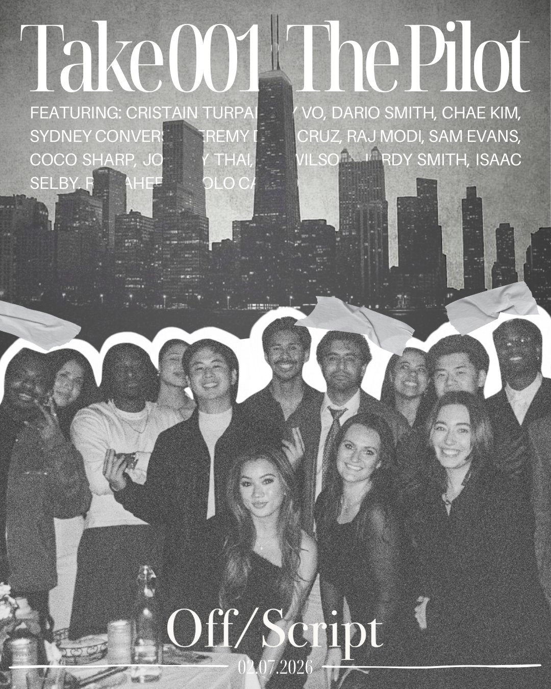the take 001 announcement poster with the cast list over the chicago skyline