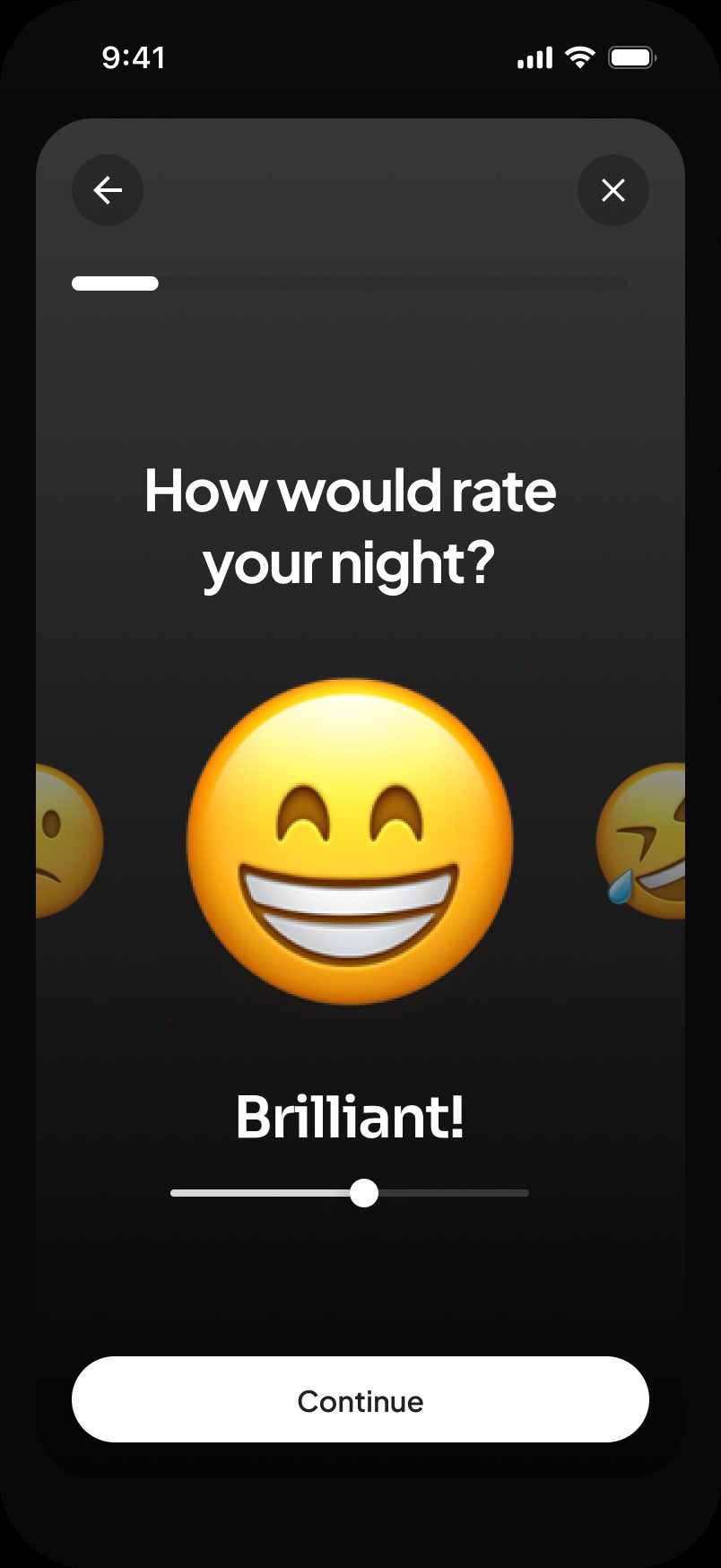 app design — post-event emoji rating screen asking how was your night