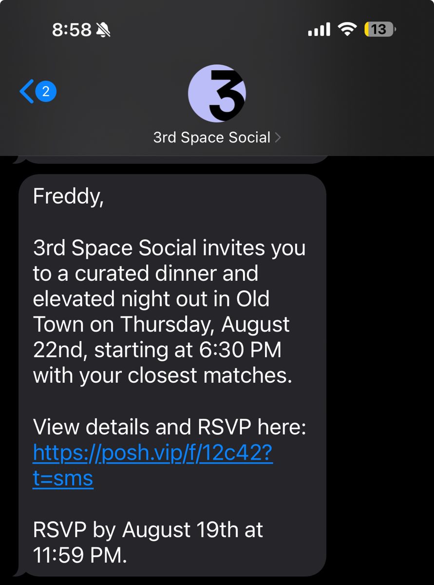 SMS from 3rd Space Social inviting Freddy to a curated dinner with his closest matches