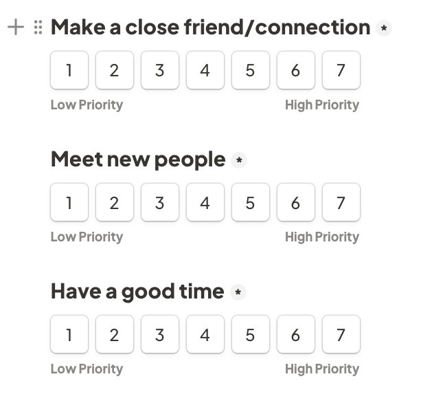 onboarding survey asking members to rank what they want — make a close friend, meet new people, have a good time