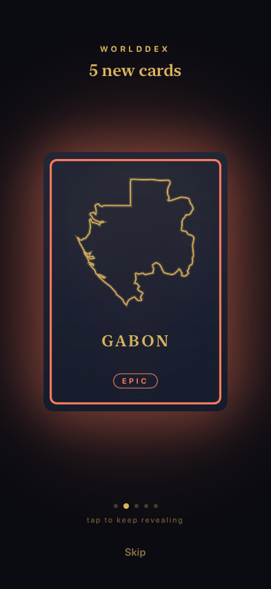 reveal ceremony — an epic gabon card glowing in the dark, tap to keep revealing