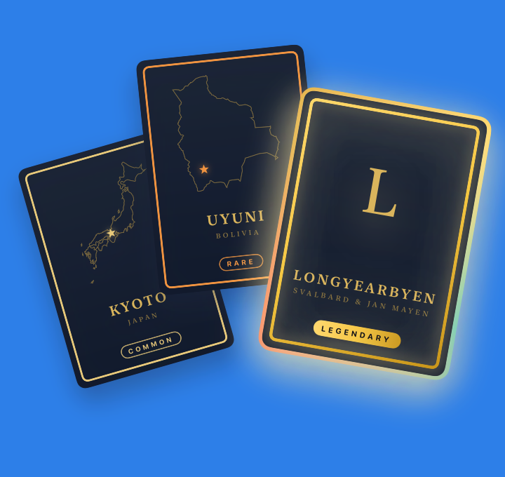 three cards fanned on royal blue — kyoto common, uyuni rare, longyearbyen legendary